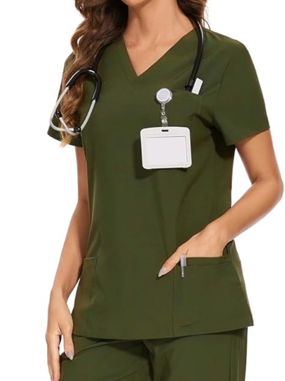 Olive Green V-Neck Medical Scrub Top - Unbranded